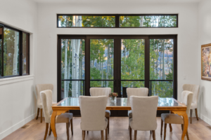 dining room of a custom design build luxury prefabricated home in Telluride, Colorado